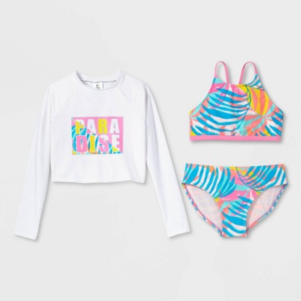 Art Class Girls Long Sleeve Cropped Paradise Three Piece Bikini Set Multi XS NWT